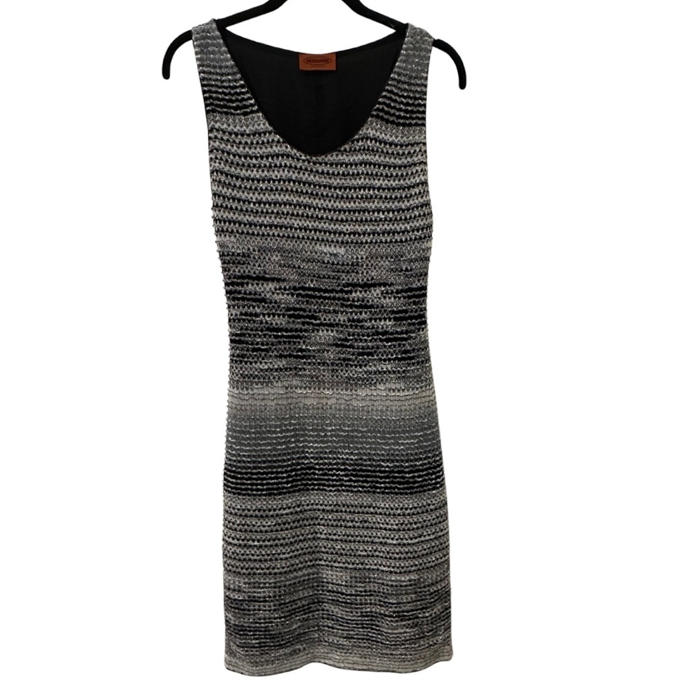 MISSONI Metallic Silver/Black Cocktail Sheath Sleeveless Knit Dress IT42, US 6